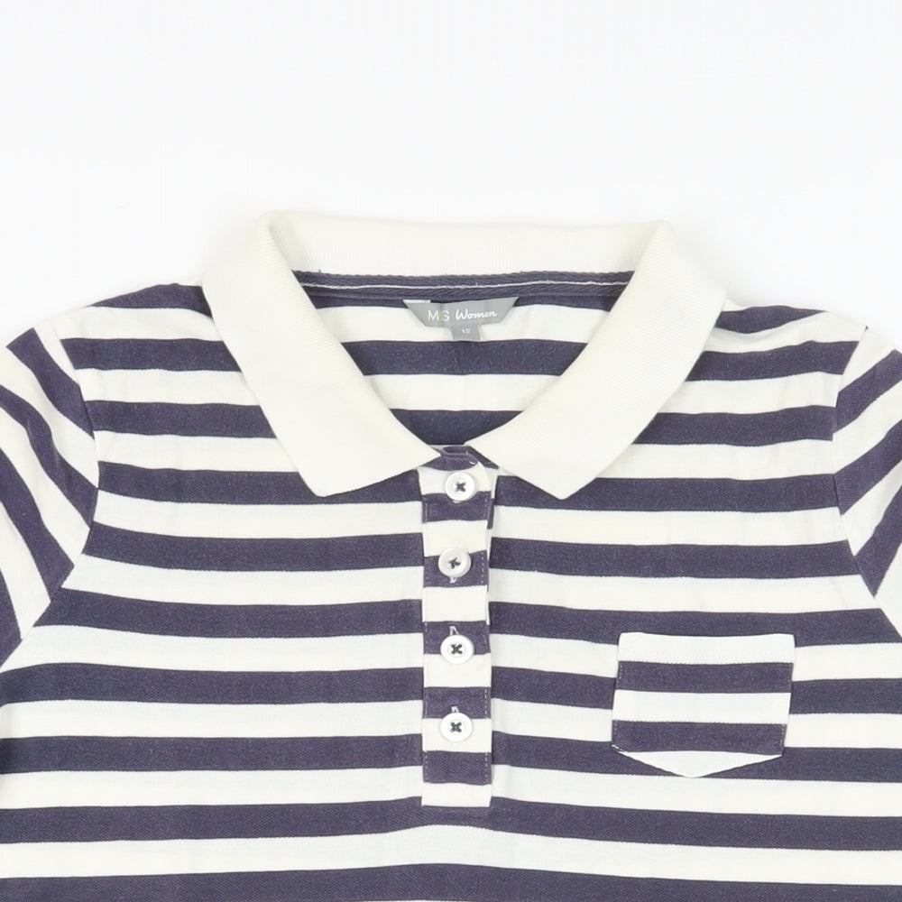 Marks and Spencer Womens Blue Striped Cotton Basic Polo Size 12 Collared