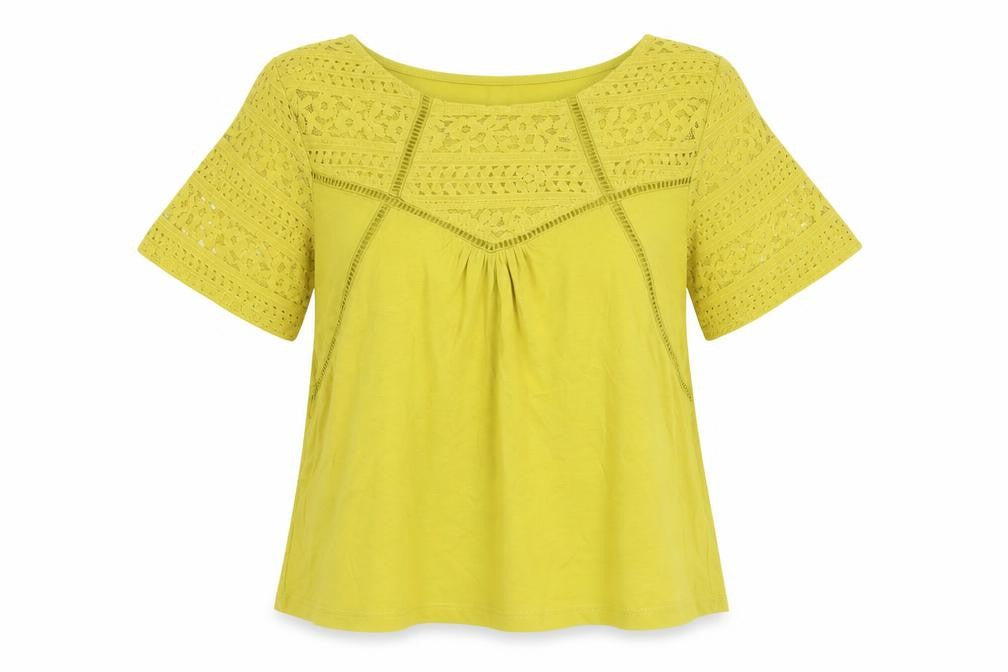 Front view of Sfera women’s yellow cotton basic blouse, size S, round neck - lace detail