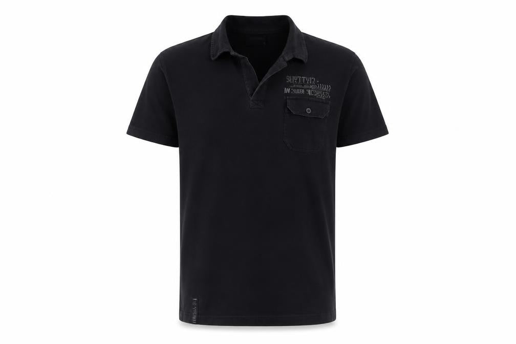 Front view of Burton men’s black cotton polo, size L, collared pullover - pocket detail