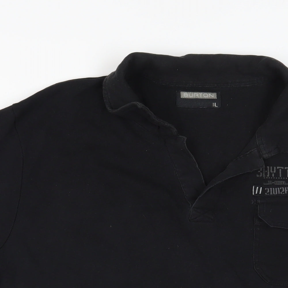 Burton Mens Black Cotton Polo Size L Collared Pullover - Pocket Detail