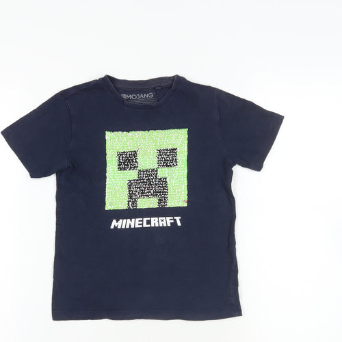 NEXT Boys Blue Cotton Basic T-Shirt Size 6 Years Crew Neck Pullover - Minecraft Sequin