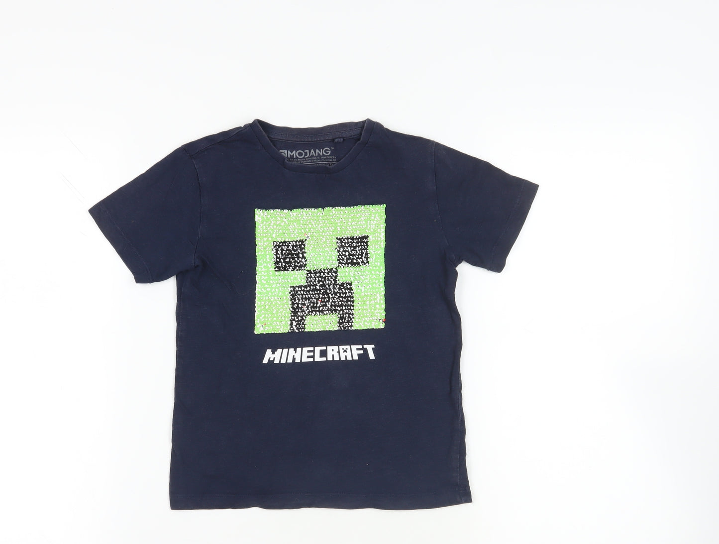 NEXT Boys Blue Cotton Basic T-Shirt Size 6 Years Crew Neck Pullover - Minecraft Sequin