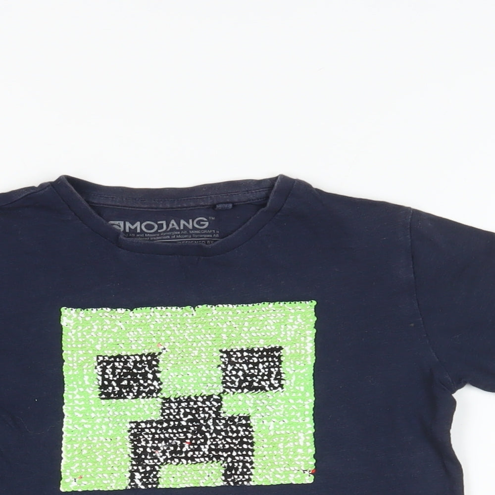 NEXT Boys Blue Cotton Basic T-Shirt Size 6 Years Crew Neck Pullover - Minecraft Sequin