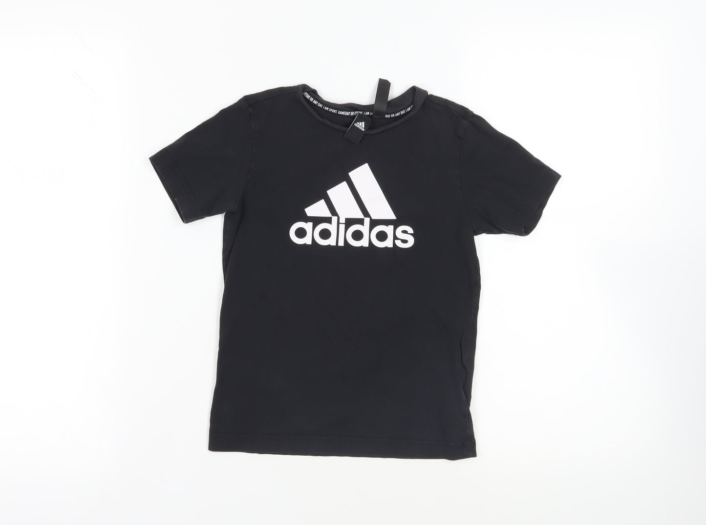 adidas Boys Black Cotton Pullover T-Shirt Size 7 Years Crew Neck Pullover - Logo