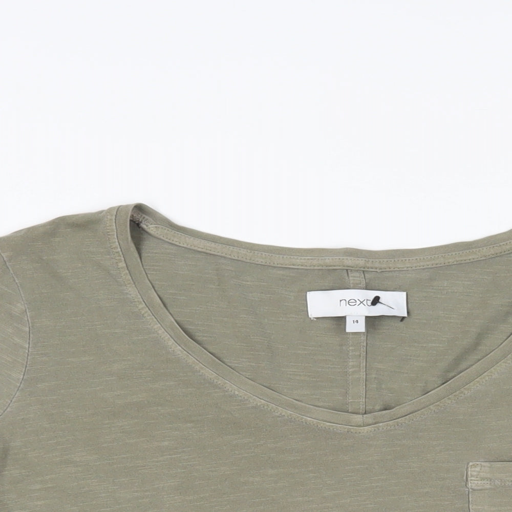 NEXT Womens Green Cotton Basic T-Shirt Size 14 V-Neck - Pocket Detail