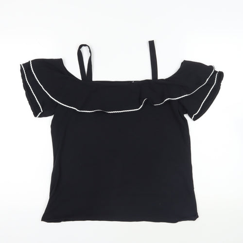 Dorothy Perkins Womens Black Cotton Basic T-Shirt Size 14 Off the Shoulder - Ruffle