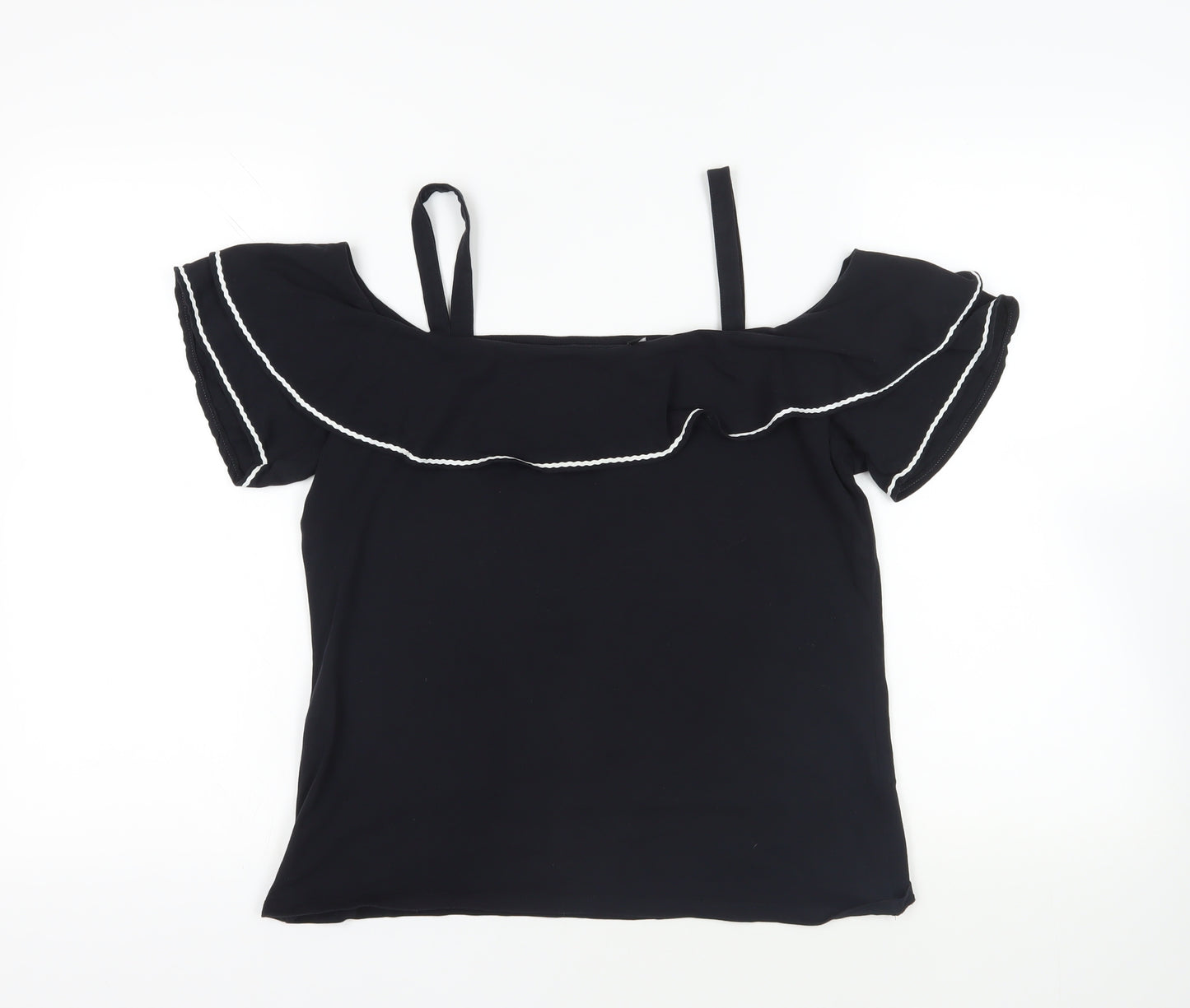 Dorothy Perkins Womens Black Cotton Basic T-Shirt Size 14 Off the Shoulder - Ruffle