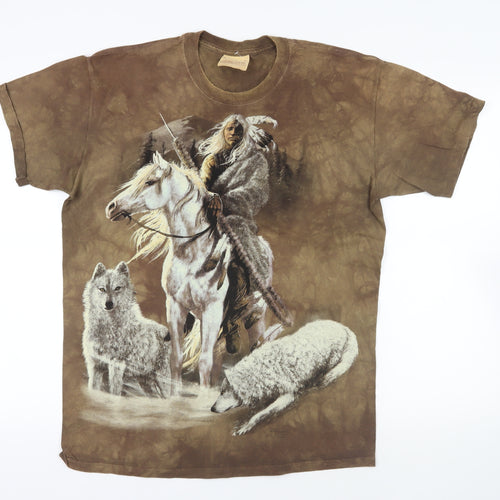 The Mountain Mens Brown Cotton T-Shirt Size L Crew Neck - Native American Wolves