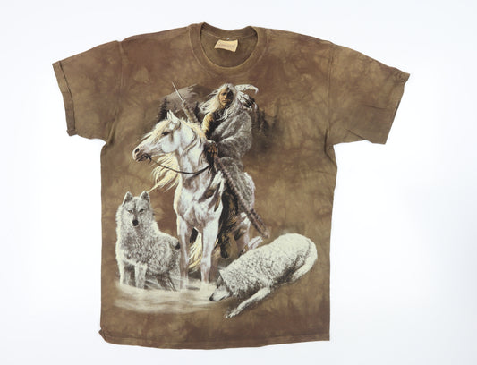 The Mountain Mens Brown Cotton T-Shirt Size L Crew Neck - Native American Wolves