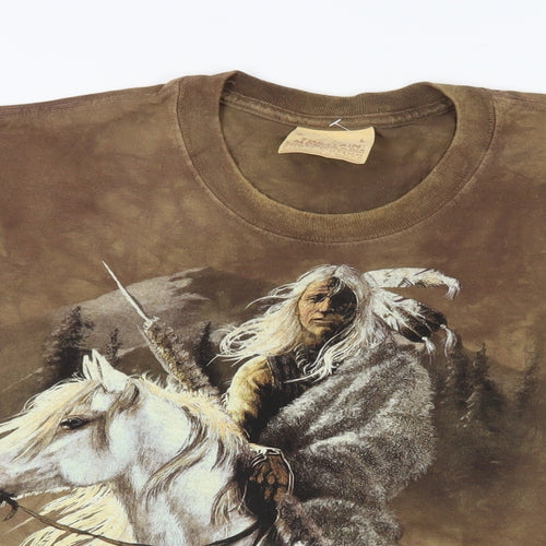 The Mountain Mens Brown Cotton T-Shirt Size L Crew Neck - Native American Wolves