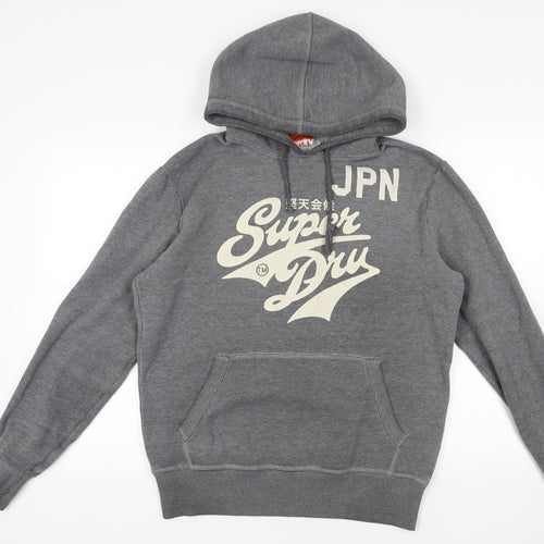 Superdry Mens Grey Cotton Pullover Hoodie Size L - Logo Pockets