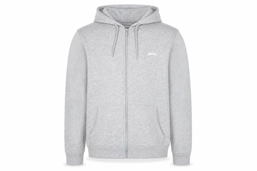 Front view of Slazenger men’s grey polyester full zip hoodie, size L, - logo pockets