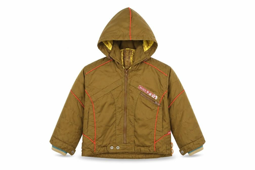 Front view of Oilliy boys’ brown jacket, size 4-5, years zip