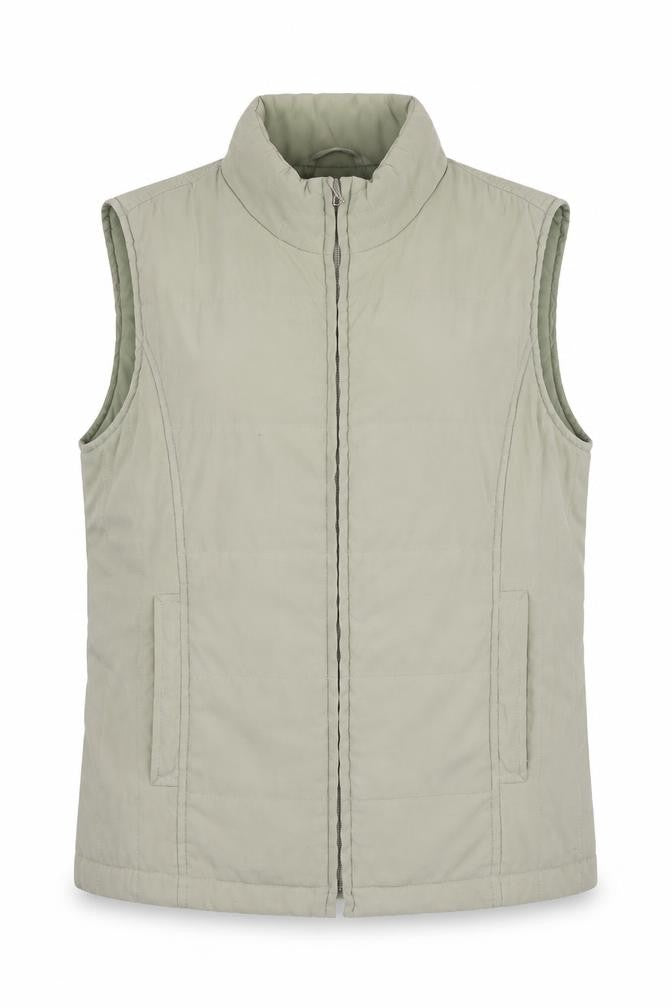 Front view of EWM women’s grey gilet waistcoat, size S, zip