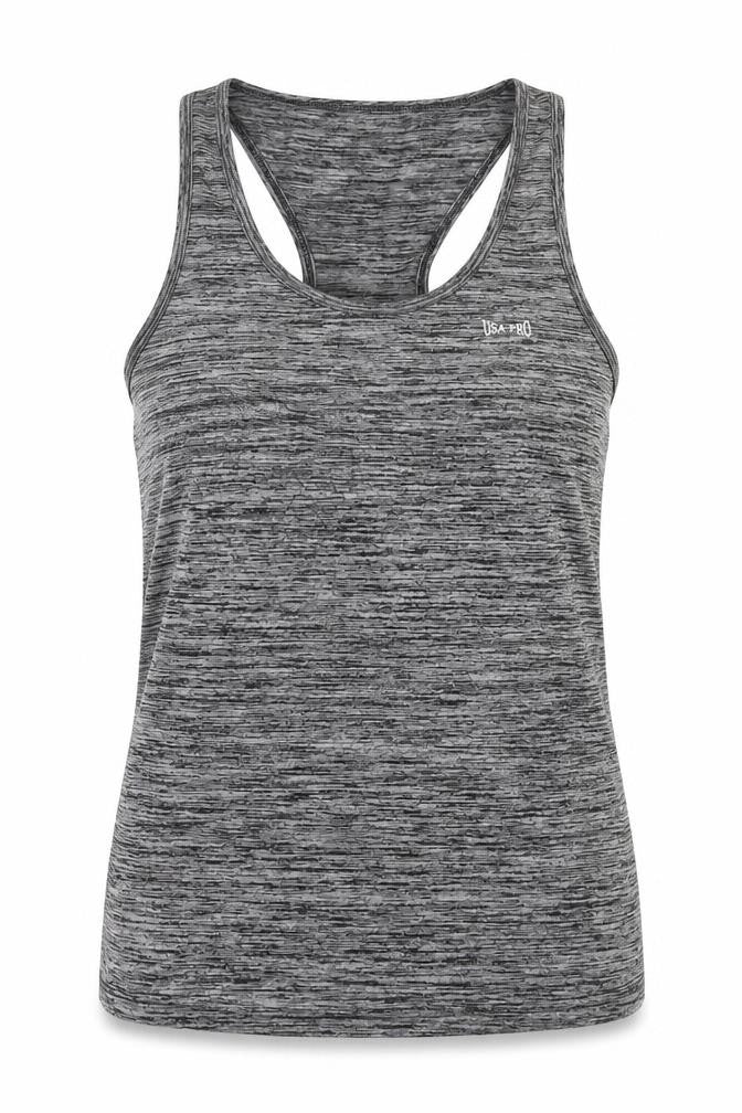Front view of USA Pro women’s grey polyester basic tank, size UK 14, round neck pullover