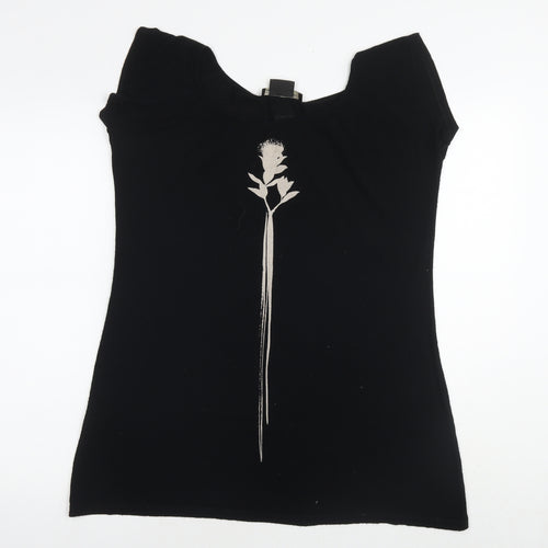 Isabel de Pedro Womens Black Viscose Basic T-Shirt Size 12 Round Neck - Flower