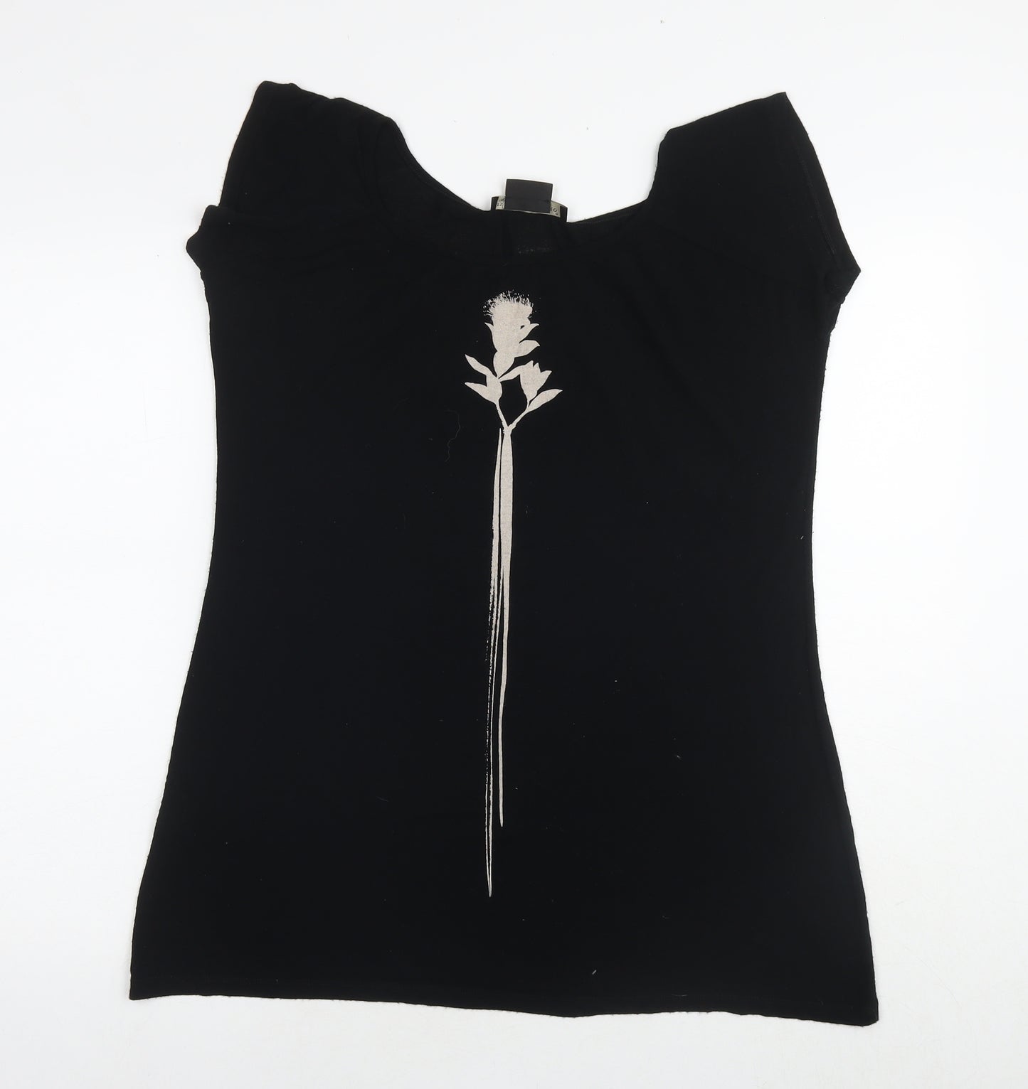 Isabel de Pedro Womens Black Viscose Basic T-Shirt Size 12 Round Neck - Flower