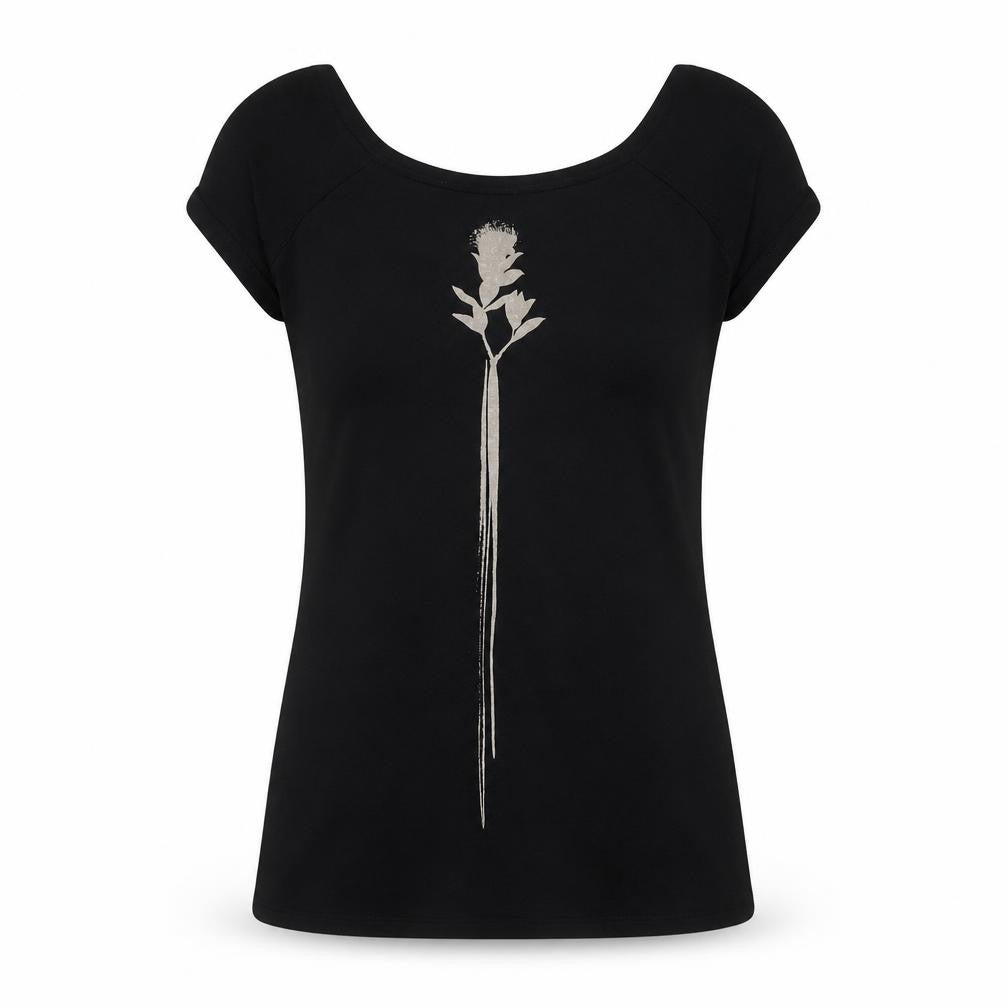 Front view of Isabel de Pedro women’s black viscose basic t-shirt, size UK 12, round neck - flower