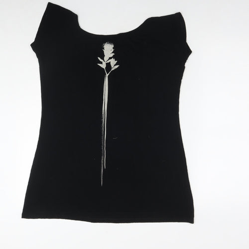 Isabel de Pedro Womens Black Viscose Basic T-Shirt Size 12 Round Neck - Flower
