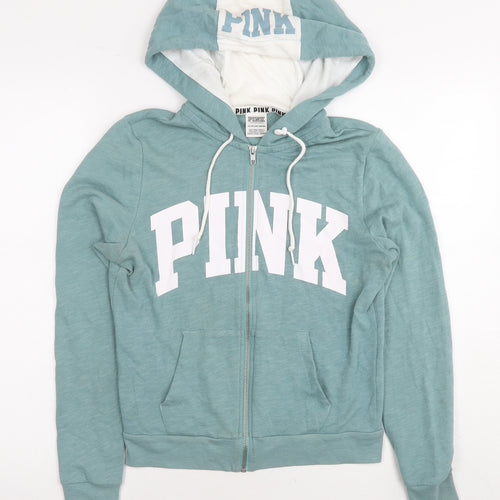 PINK Womens Green Polyester Full Zip Hoodie Size XS Pullover - Logo