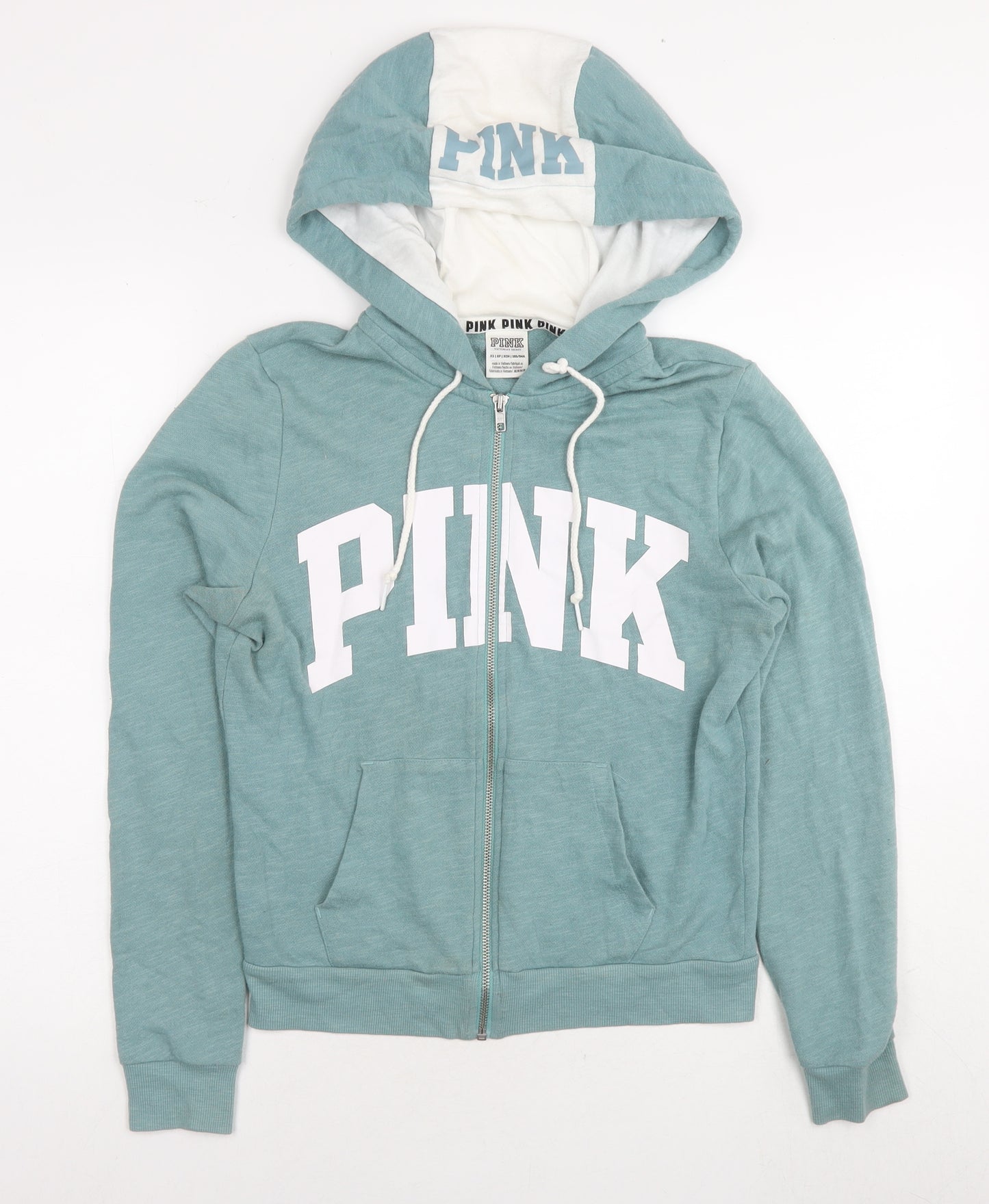 PINK Womens Green Polyester Full Zip Hoodie Size XS Pullover - Logo