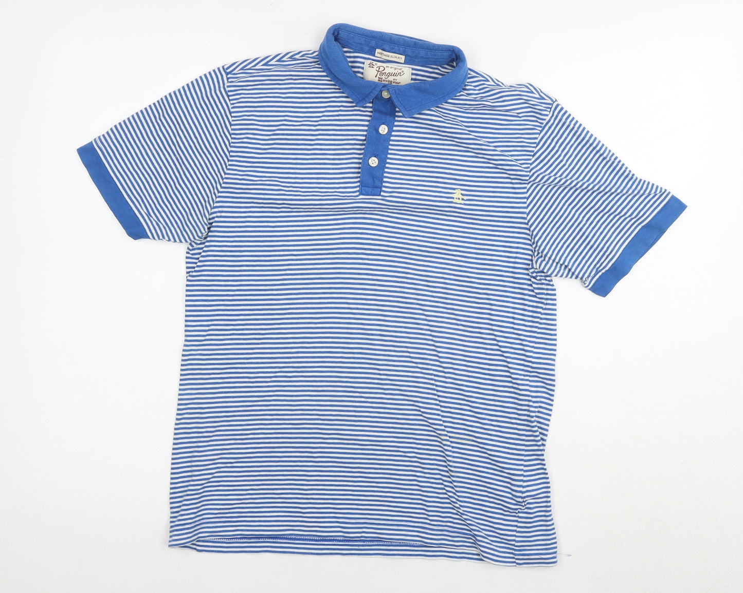 Original Penguin Mens Blue Striped Cotton Polo Size M Collared Pullover