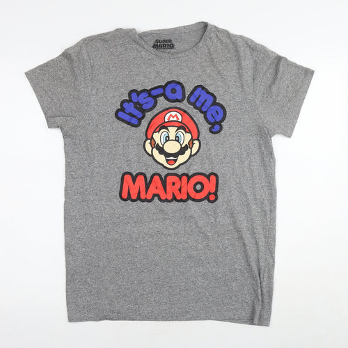 Super Mario Mens Grey Polyester T-Shirt Size L Round Neck - Logo