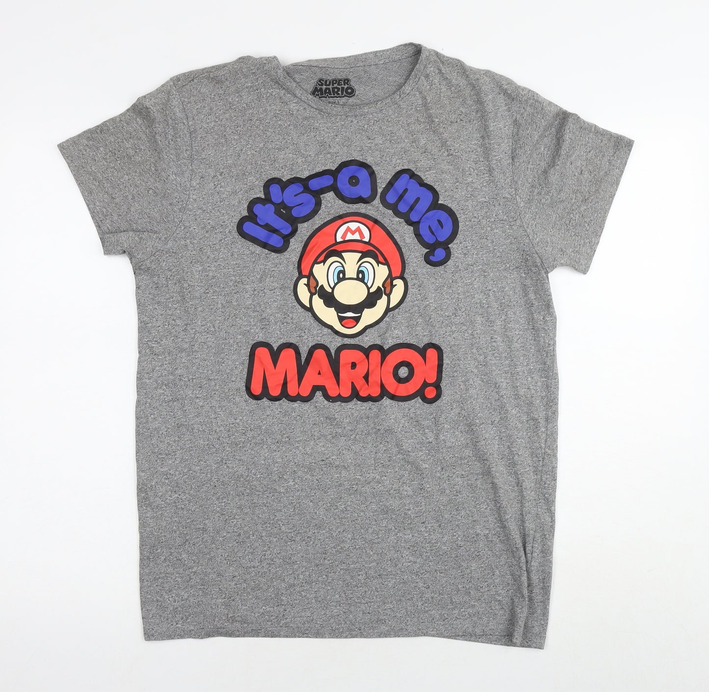 Super Mario Mens Grey Polyester T-Shirt Size L Round Neck - Logo