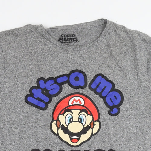 Super Mario Mens Grey Polyester T-Shirt Size L Round Neck - Logo