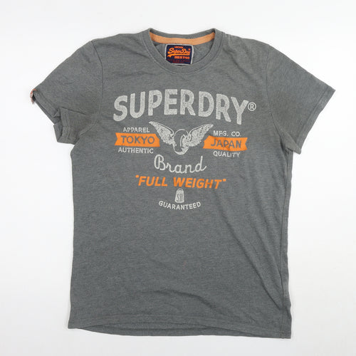 Superdry Mens Grey Cotton T-Shirt Size L Round Neck - Logo