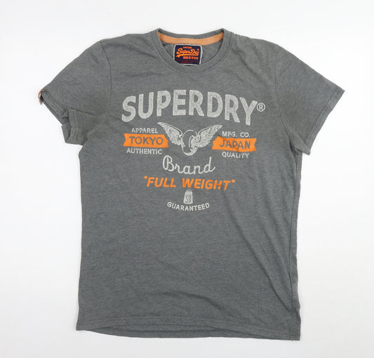 Superdry Mens Grey Cotton T-Shirt Size L Round Neck - Logo