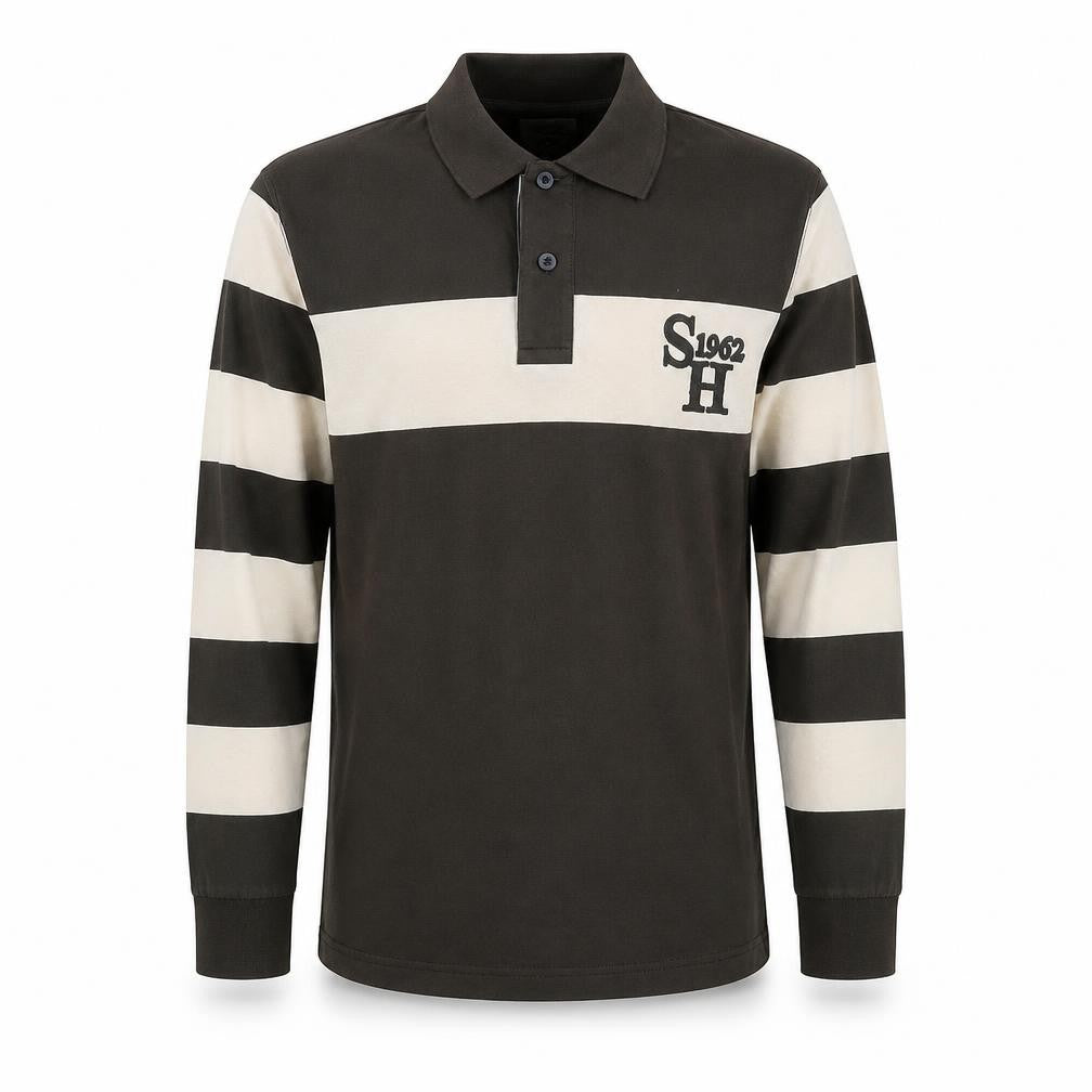 Front view of Sfera men’s green striped cotton polo, size M, collared pullover - logo