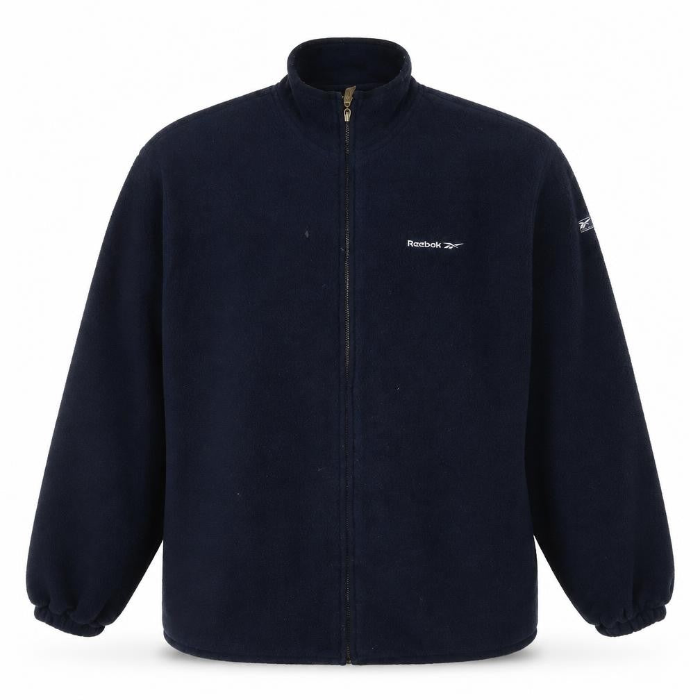 Front view of Reebok men’s blue jacket, size S, zip