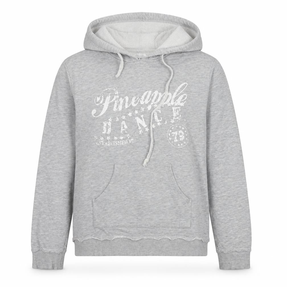 Front view of Pineapple women’s grey cotton pullover hoodie, size M, pullover - logo