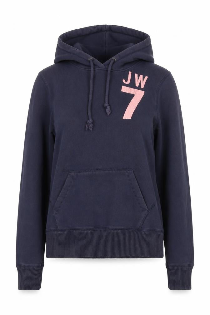 Front view of Jack Wills women’s blue cotton pullover hoodie, size UK 10, pullover - logo gbr
