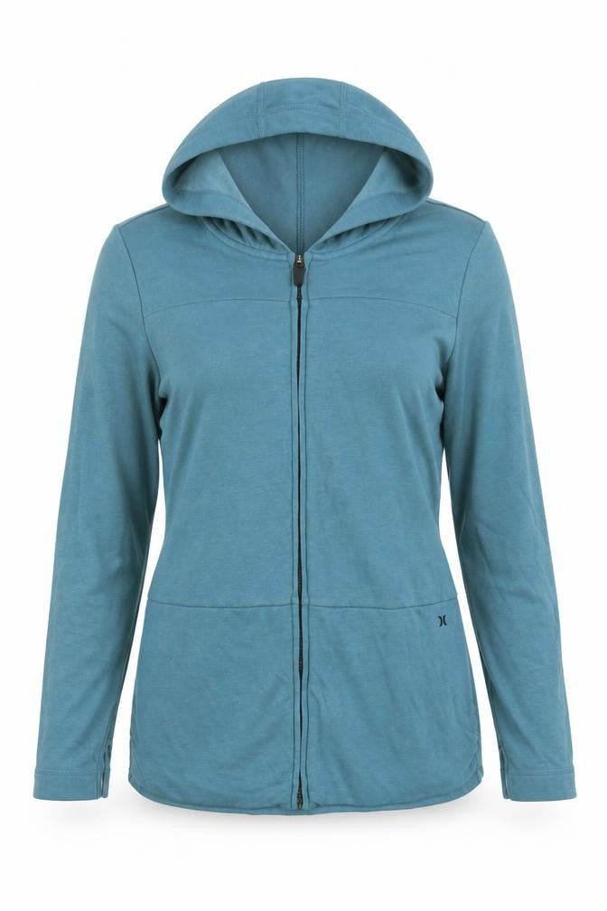 Front view of Hurley women’s blue cotton full zip hoodie, size S, pullover