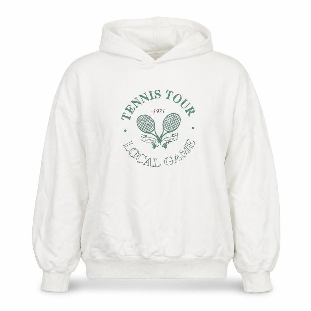 Front view of Pacific Republic women’s white cotton pullover sweatshirt, size M, pullover - tennis club