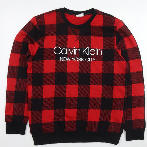 Calvin Klein Mens Red Check Cotton Pullover Sweatshirt Size M - Logo