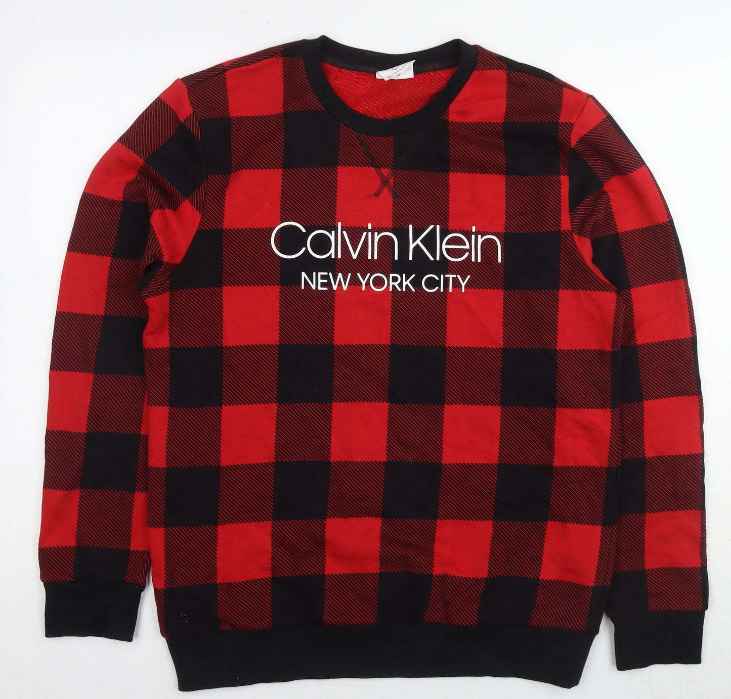 Calvin Klein Mens Red Check Cotton Pullover Sweatshirt Size M - Logo