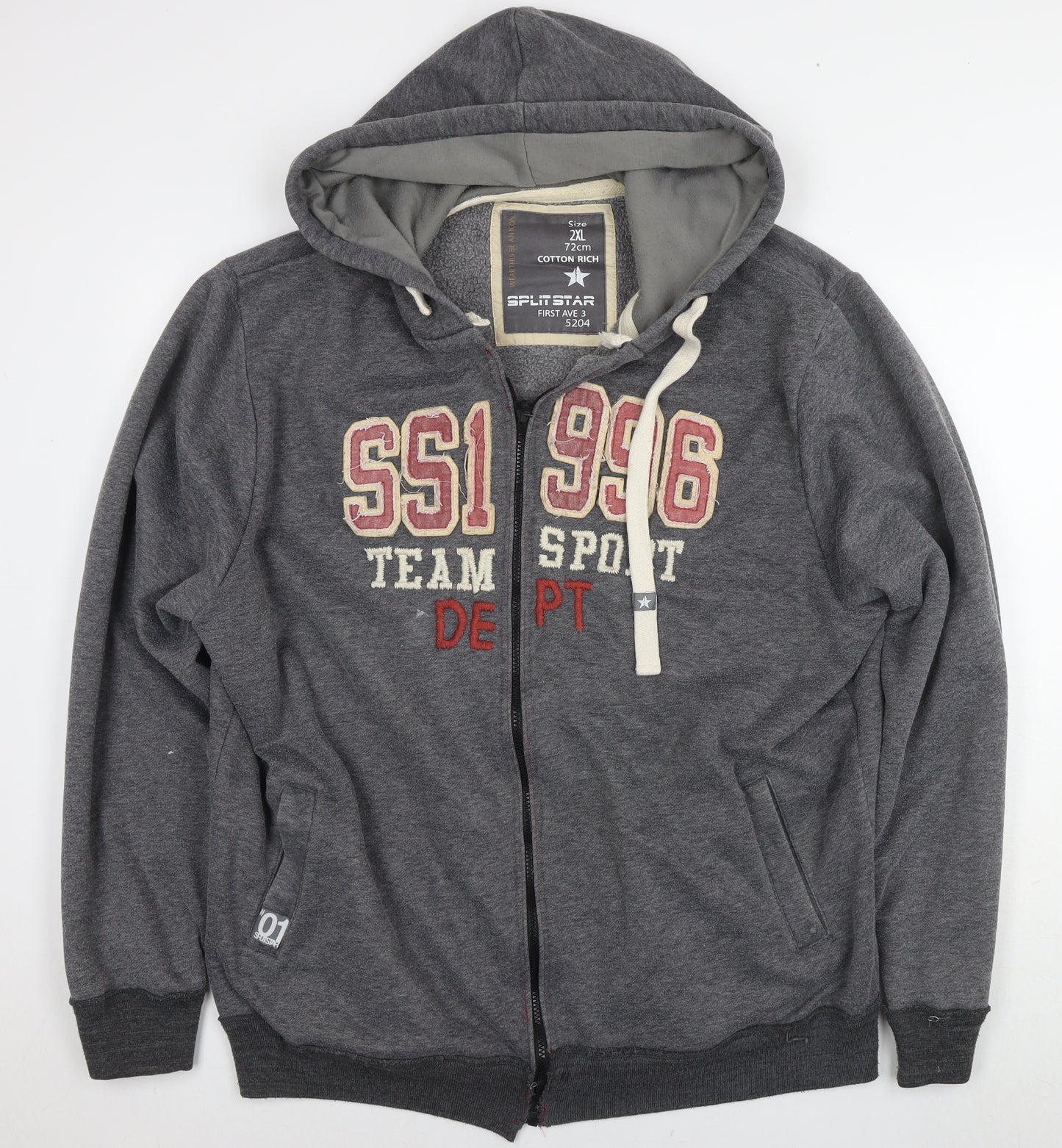 Split Star Womens Grey Cotton Full Zip Hoodie Size 2XL Pullover - Logo