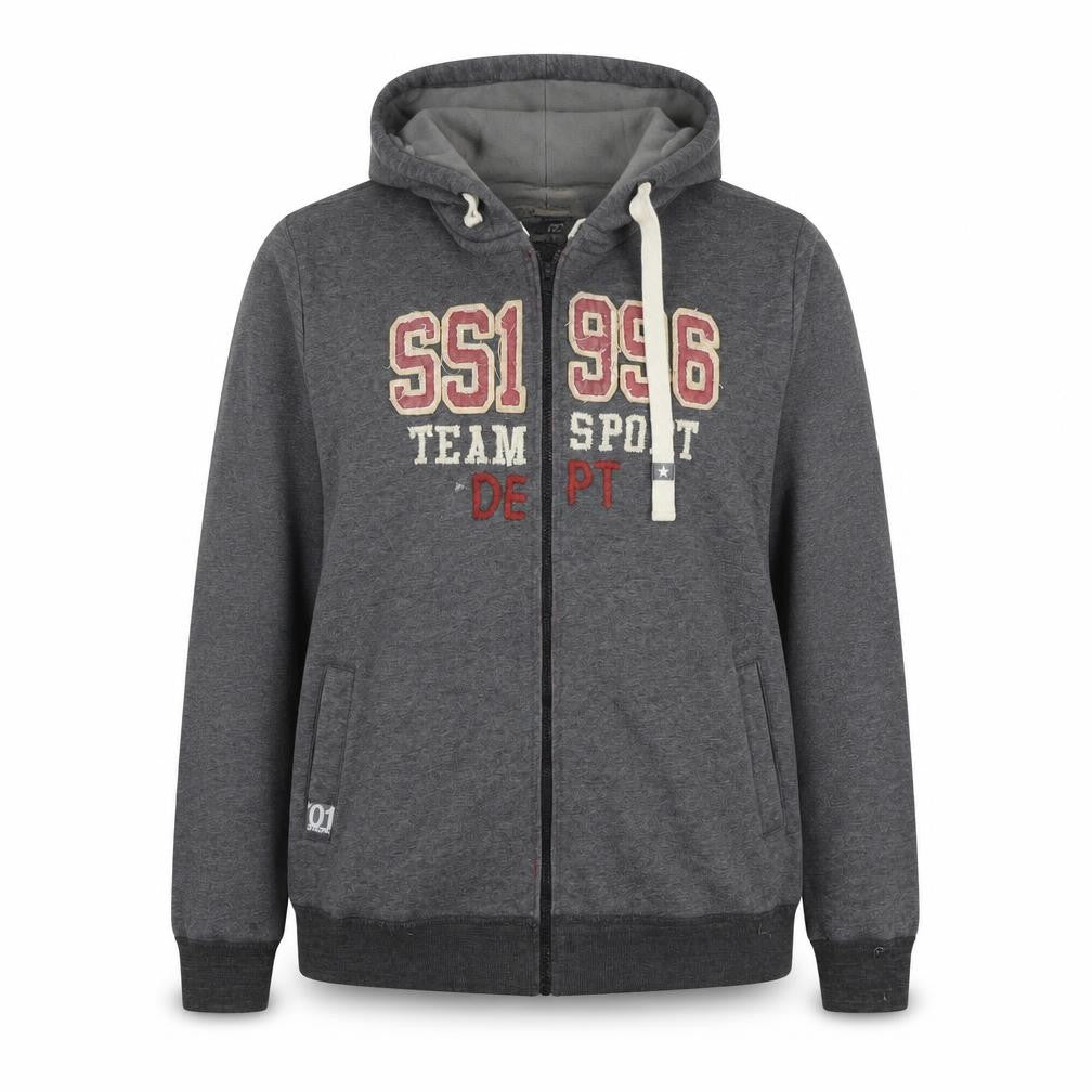 Front view of Split Star women’s grey cotton full zip hoodie, size 2XL, pullover - logo