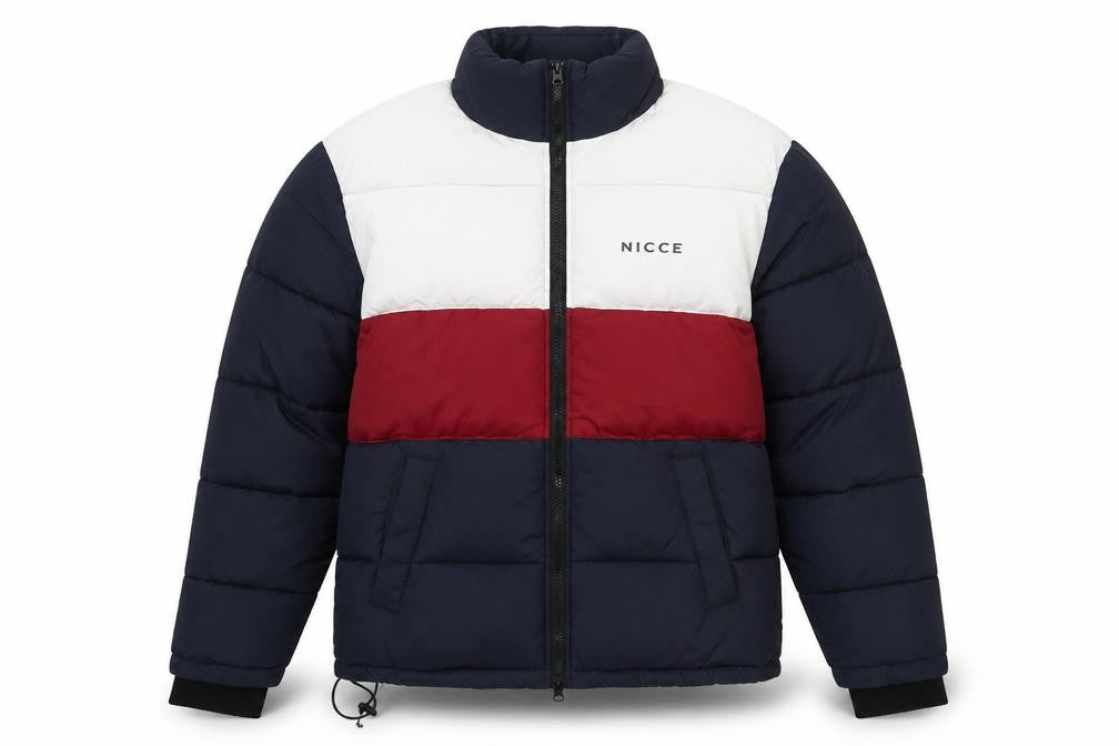 Front view of NICCE London men’s multicoloured striped puffer jacket jacket, size XS, zip
