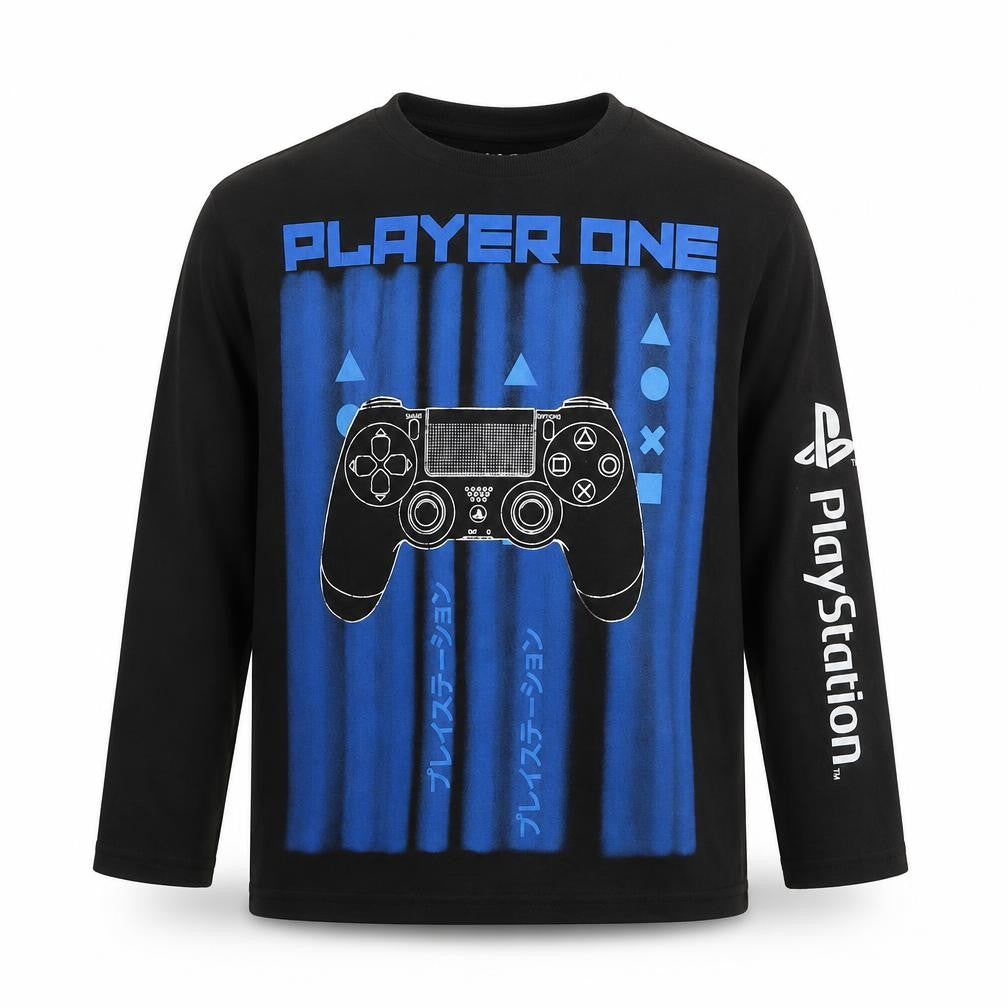 Front view of PlayStation boys’ black cotton basic t-shirt, size 6-7, years round neck pullover - console