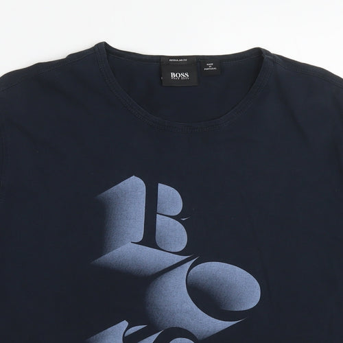 Boss Mens Black Cotton T-Shirt Size M Round Neck - Logo