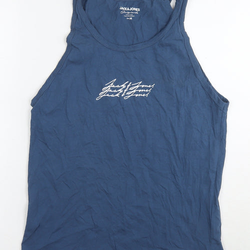 JACK & JONES Mens Blue Cotton T-Shirt Size M Round Neck - Logo
