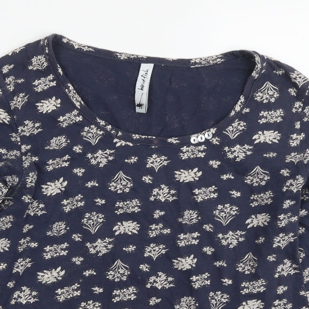 Weird Fish Womens Blue Floral Cotton Basic Blouse Size 12 Roll Neck