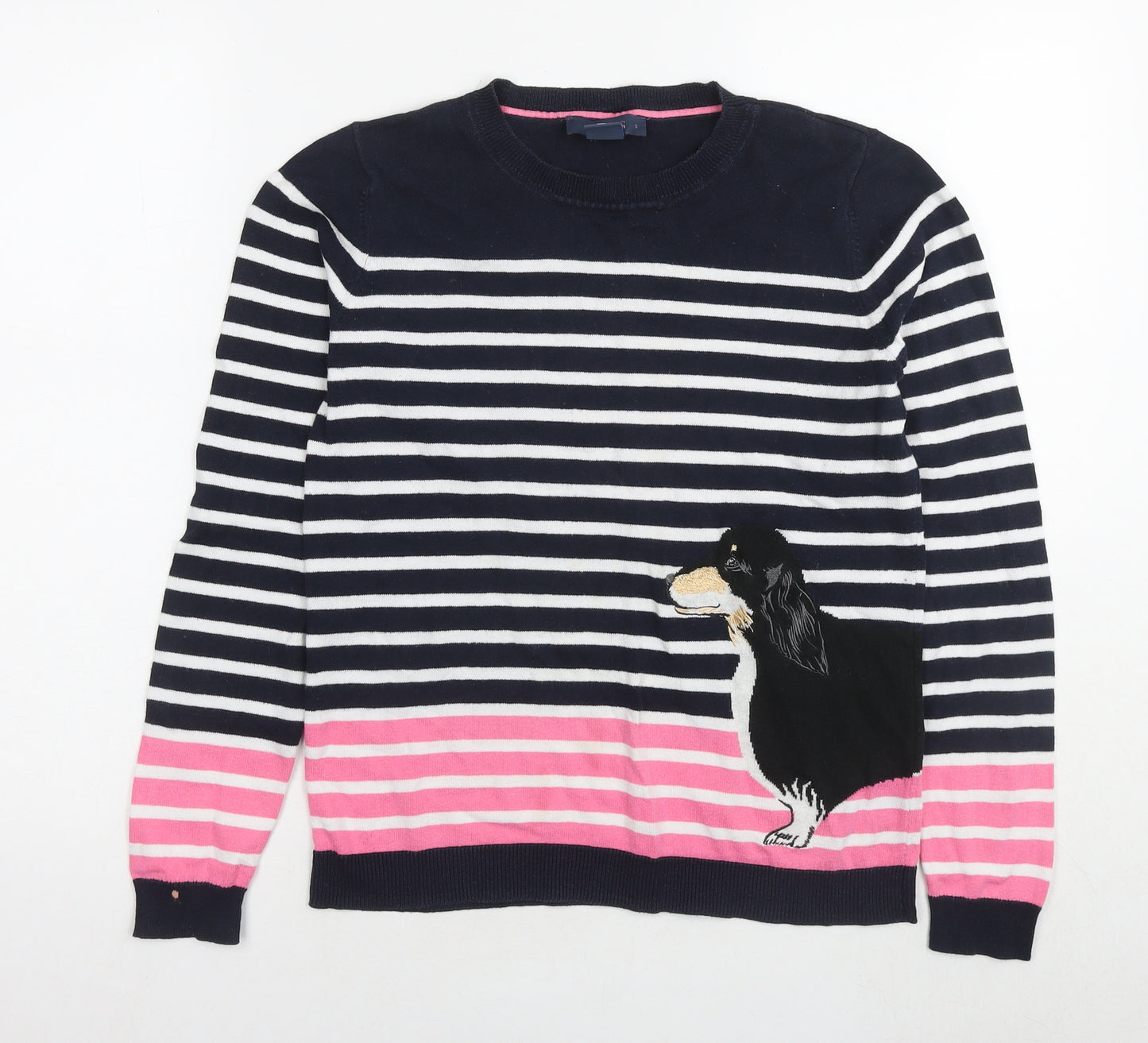 Oasis Womens Blue Round Neck Striped Cotton Pullover Jumper Size S - Dog