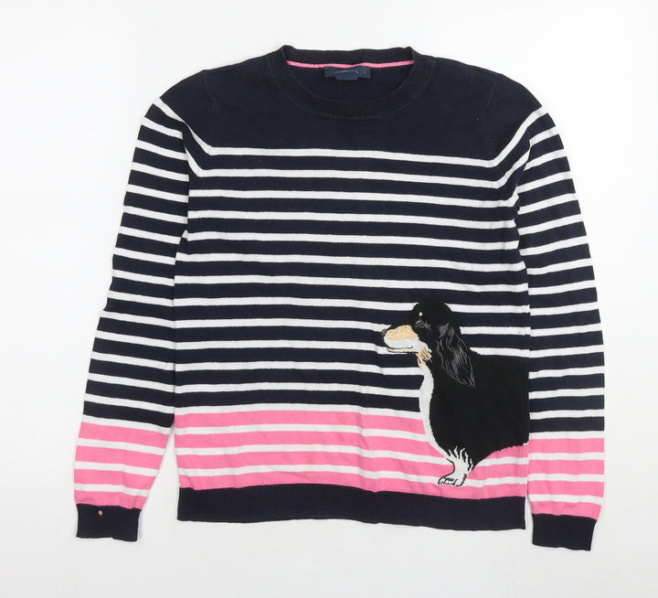 Oasis Womens Blue Round Neck Striped Cotton Pullover Jumper Size S - Dog
