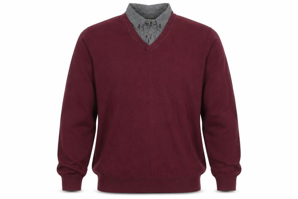 Front view of Sand Stone men’s red collared cotton jumper, size L, long sleeve