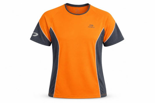 Front view of Kalenji women’s orange polyester basic t-shirt, size S, round neck pullover